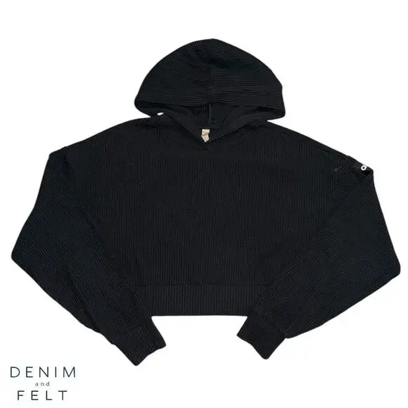 Alo Yoga Muse Hoodie Black Cropped Ribbed Lounge Sweatshirt XS Soft Plush Studio